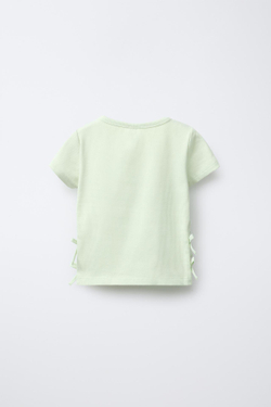 ZARA ФУТБОЛКА В РУБЧИК С ВЫРЕЗОМ И БАНТАМИ, ЛАЙМОВЫЙ