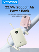 20000mAh Power Bank (USB-C + USB-C/USB-C/USB-A) with Built-in USB-C to USB-C Cable 22.5W Beige LED Display Type