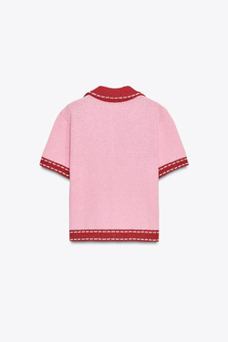 ZARA ТРИКОТАЖНЫЙ КАРДИГАН С КОРОТКИМИ РУКАВАМИ И ДЕКОРАТИВНОЙ СТРОЧКОЙ, РОЗОВЫЙ