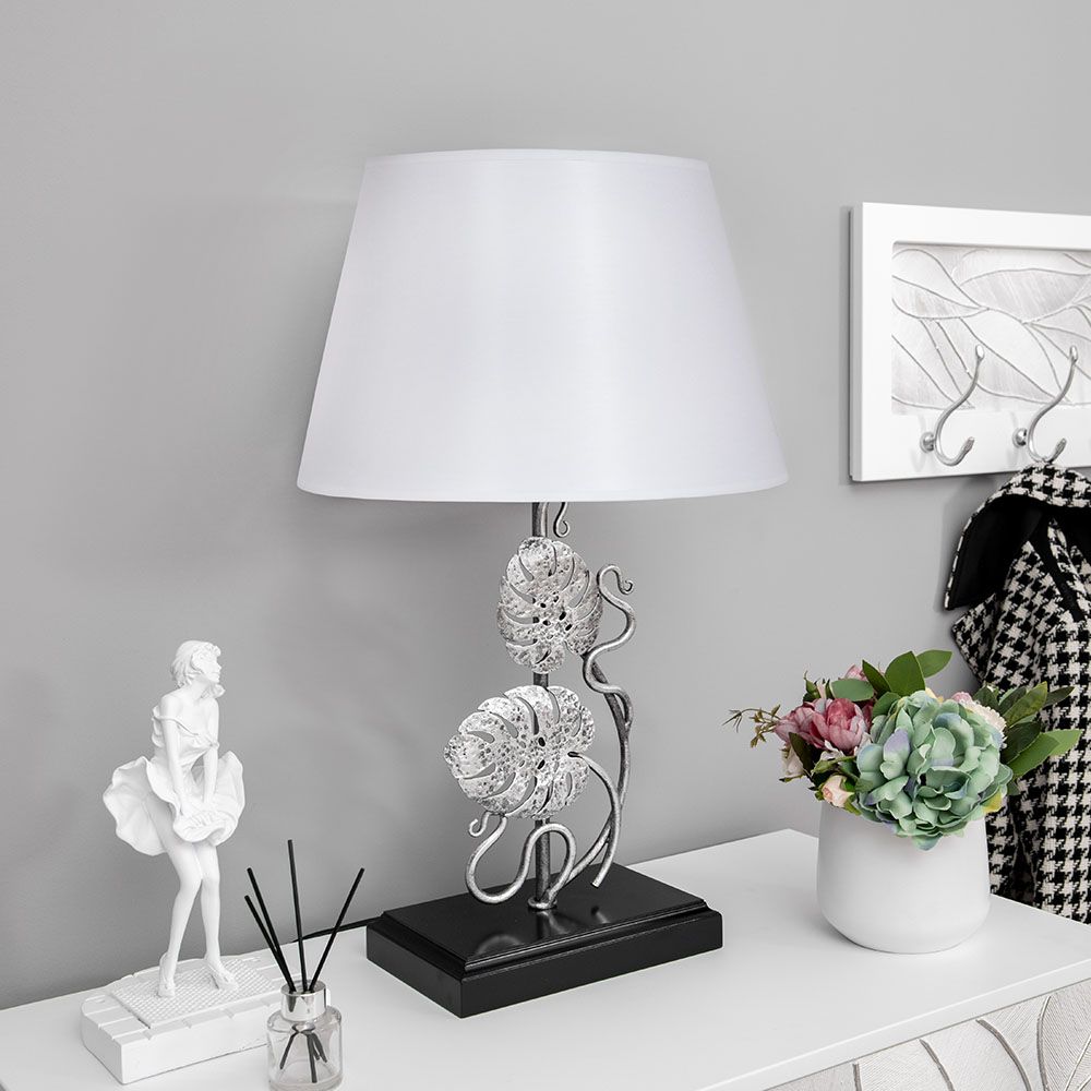 Настольная лампа Monstera Deliciosa (Монстера) Черный Античное серебро с абажуром Сити Белый
