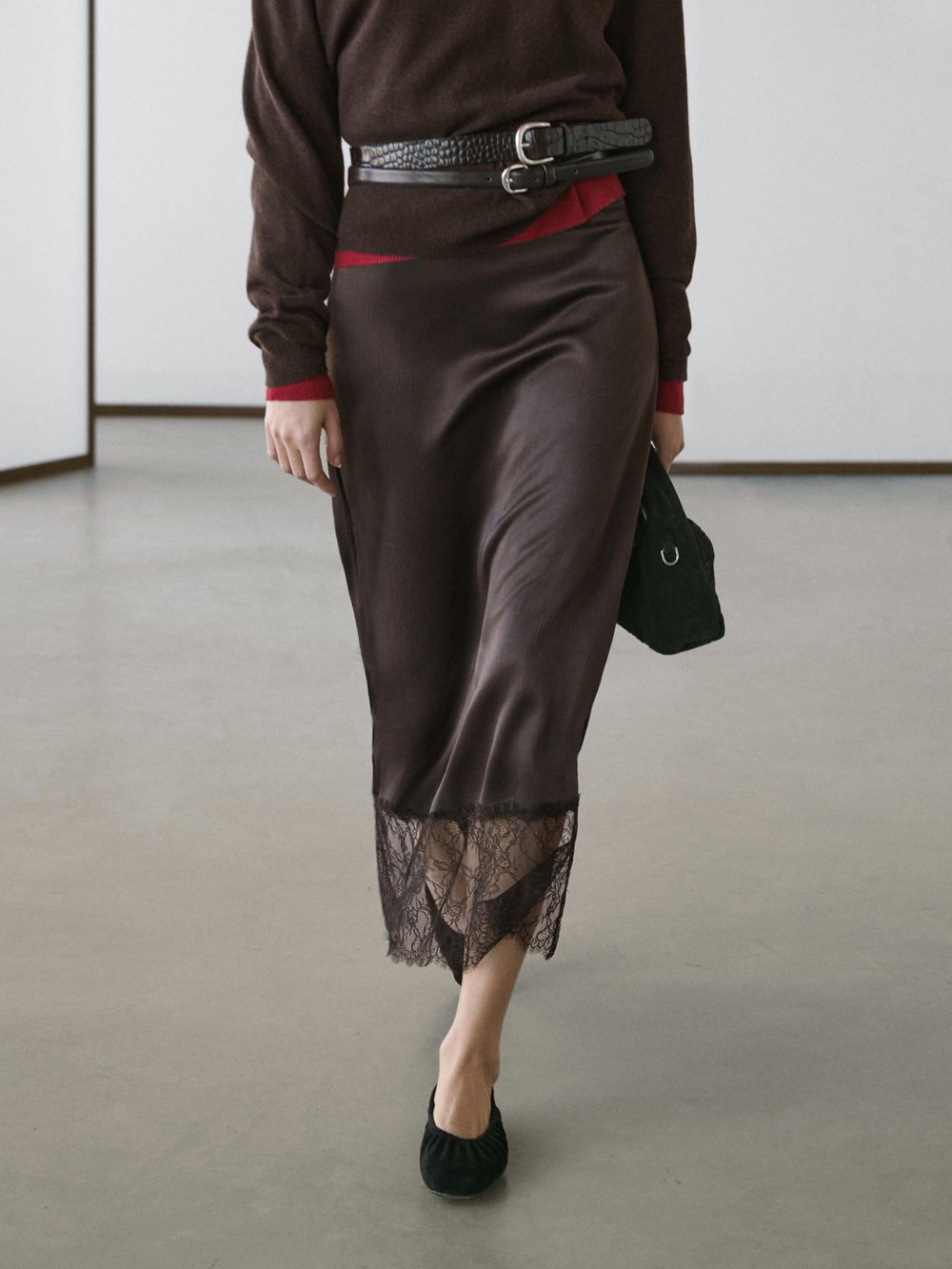 Massimo Dutti Юбка-миди с кружевной отделкой, коричневый