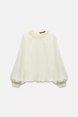 ZARA ТОП С ИСКУССТВЕННЫМ ЖЕМЧУГОМ НА ГОРЛОВИНЕ, ЭКРЮ