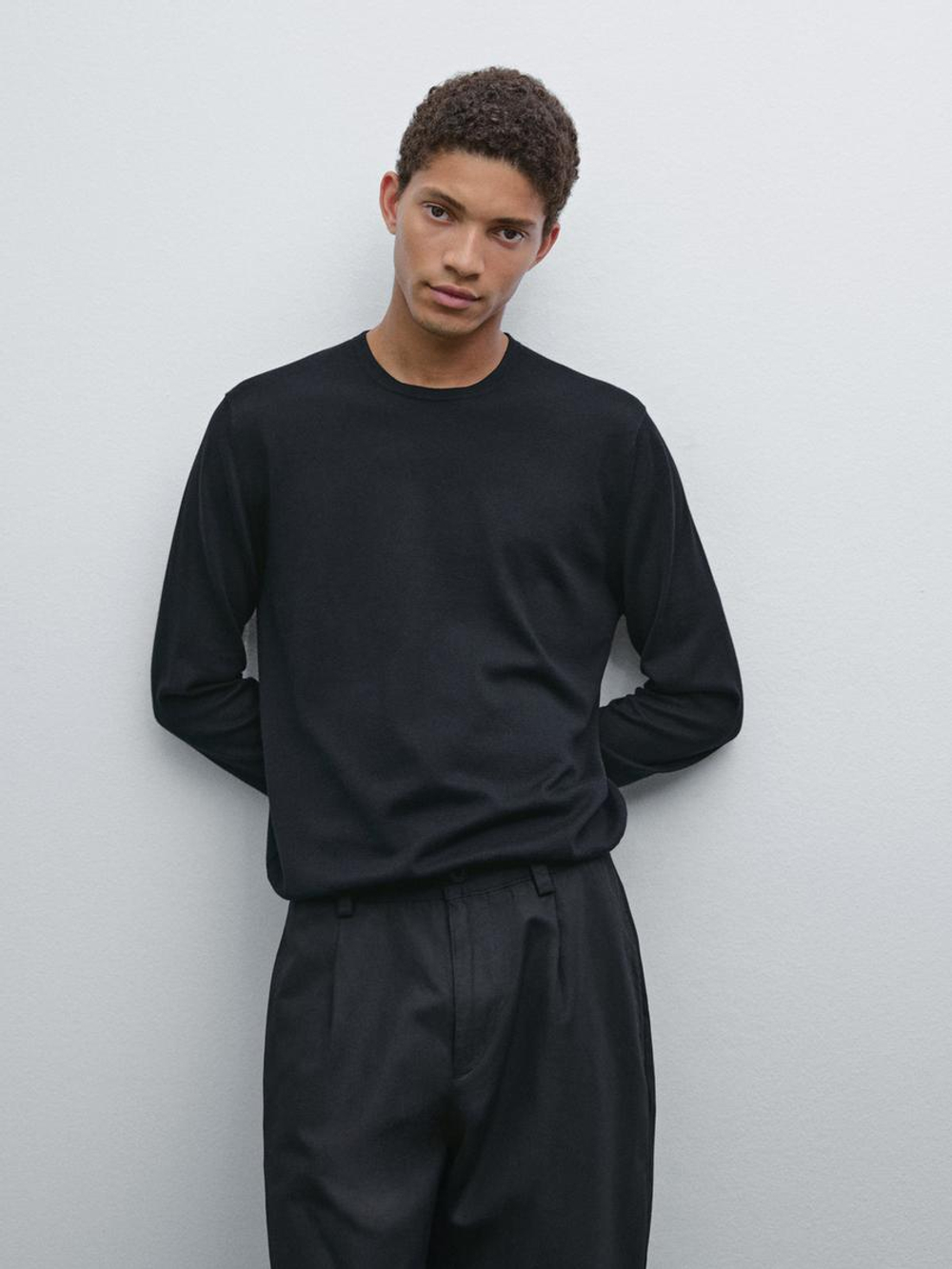 Massimo Dutti Хлопковый свитер с длинными рукавами, черный