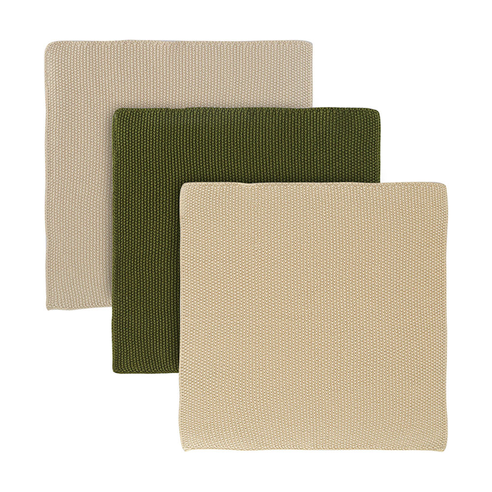 Набор из трех вязаных салфеток для уборки и мытья посуды бежевого и оливкового цветов из коллекции essential, 28х28 см