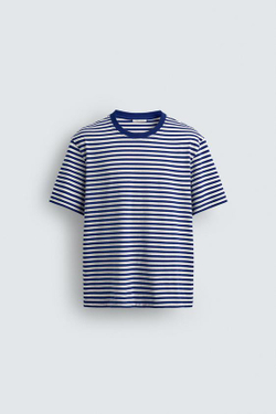 ZARA ФУТБОЛКА REGULAR FIT ЖАККАРД В ПОЛОСКУ, БЕЛЫЙ/СИНИЙ