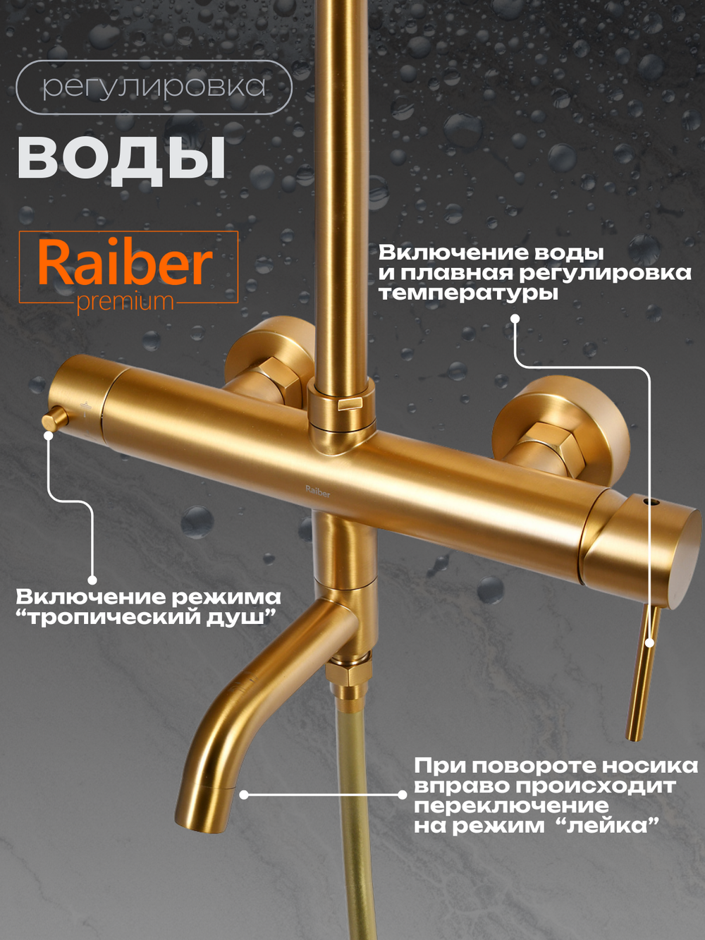 Душевая система Raiber Premium, Graceful RPG-006, матовое золото