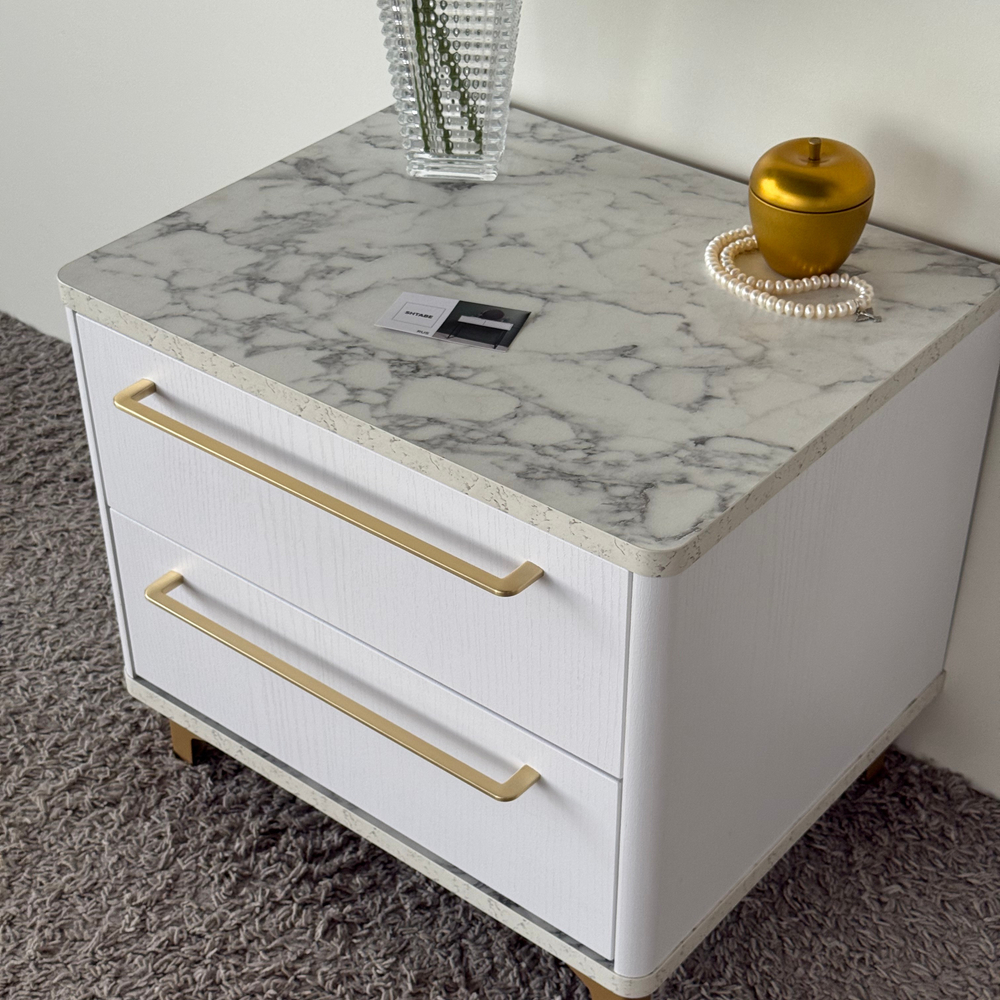 Тумба прикроватная на ножках с ящиками ROYAL 5203 эко (Мрамор Каррара-Золото-р.золото)