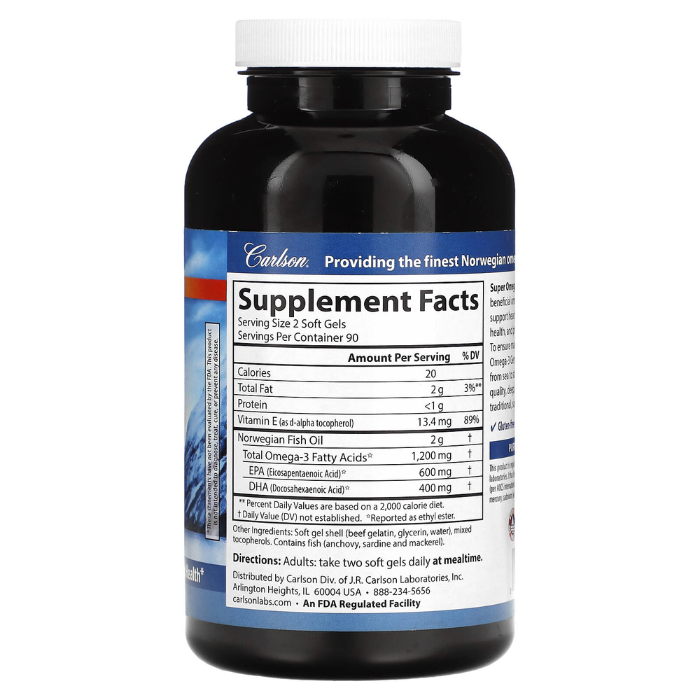 Carlson, Super Omega-3 Gems, высокоэффективные омега-3 кислоты из рыбы дикого улова, 180 капсул