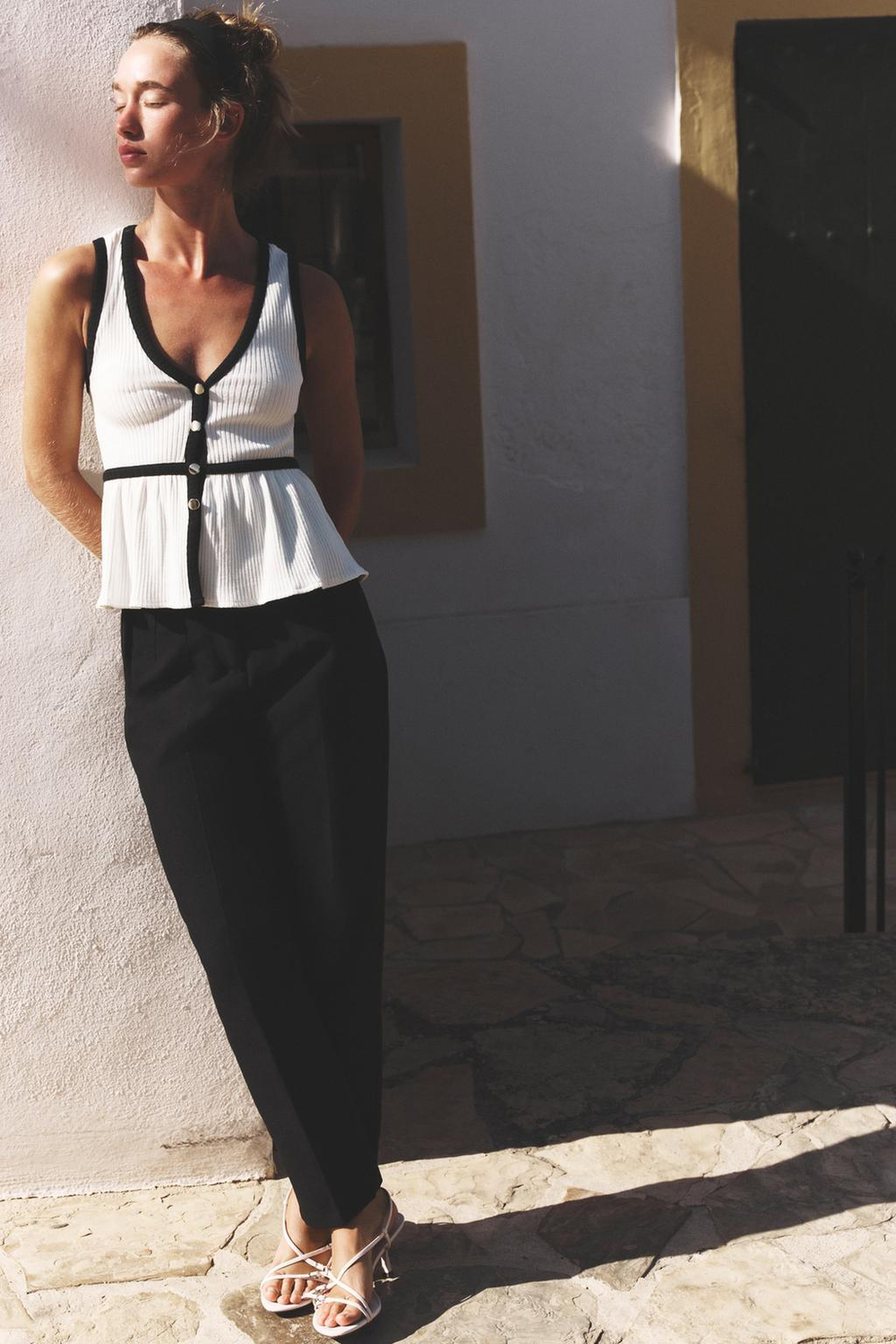 ZARA ТОП В РУБЧИК С ПУГОВИЦАМИ, БЕЛЫЙ/ЧЕРНЫЙ