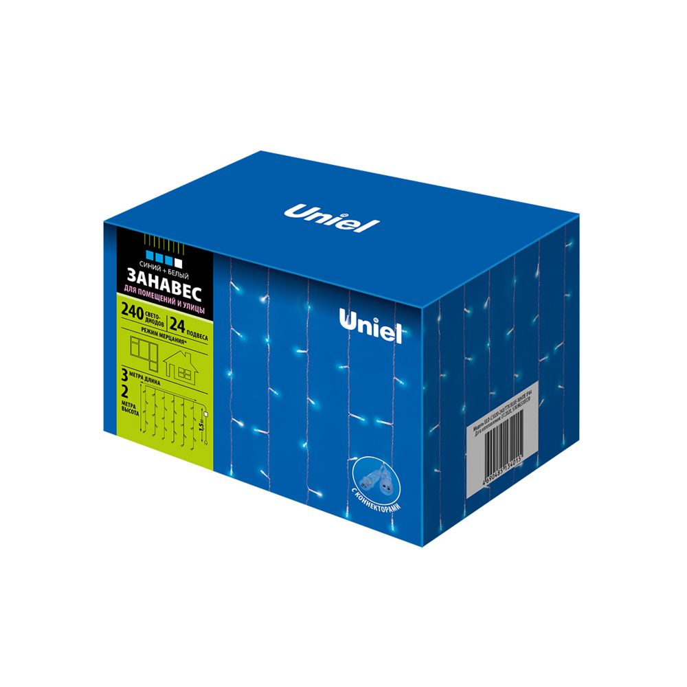 ULD-C3020-240-TTK BLUE-WHITE IP44 Занавес светодиодный с эффектом мерцания. 3х2м. Соединяемый. 240 светодиодов. Белый и синий свет. Провод прозрачный. TM Uniel