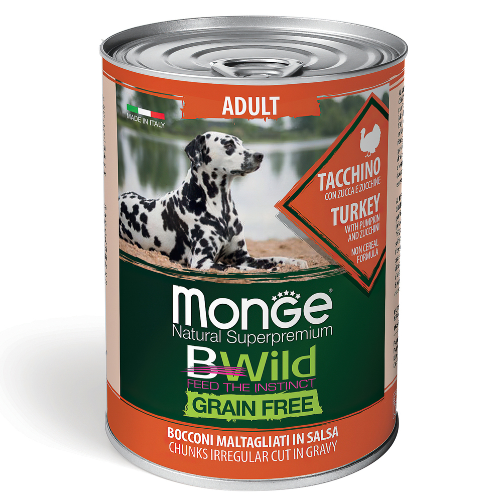 Влажный корм Monge Dog BWild GRAIN FREE для взрослых собак, из индейки с тыквой и кабачками, консервы 400 г - 24 шт