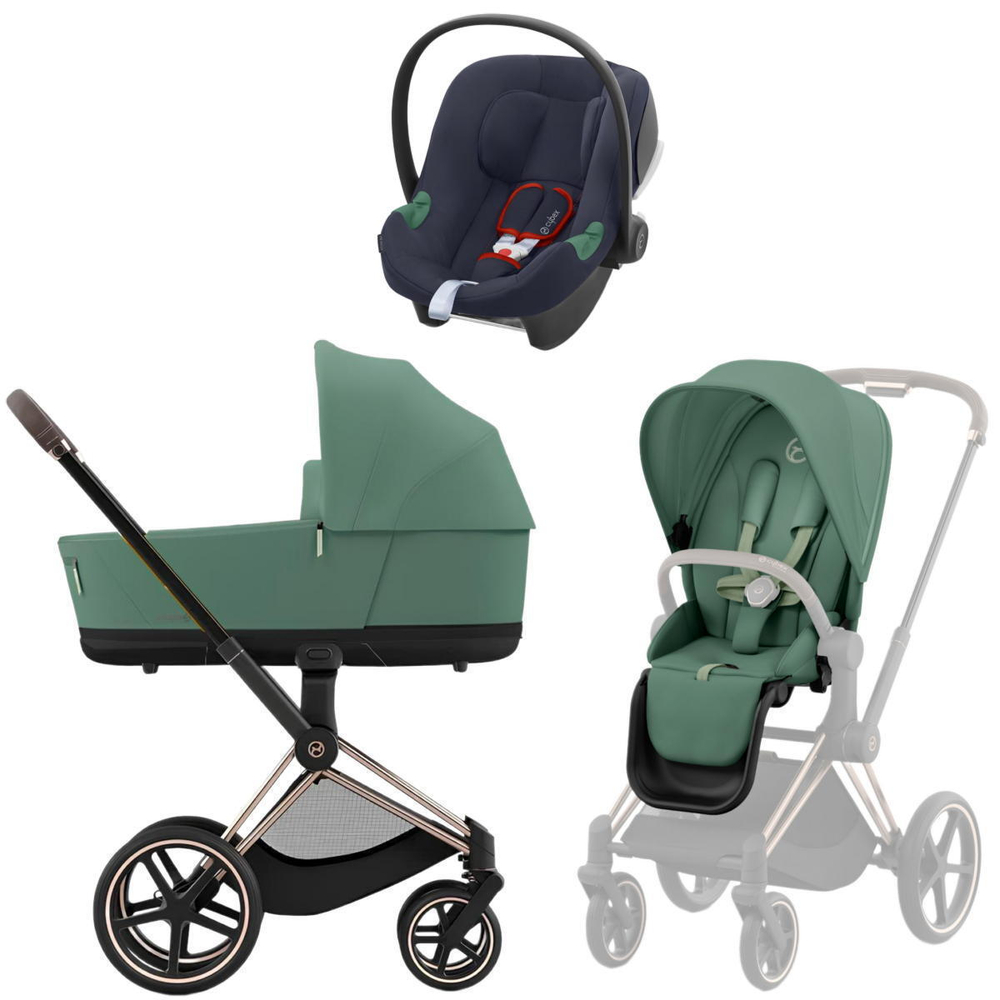 Коляска 3 в 1 Cybex Priam IV Rosegold complete и автокресло Aton B2 i-Size Bay Blue Leaf Green