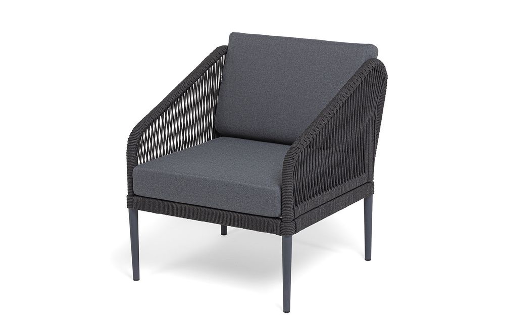 "Канны" лаунж-зона 4-местная (разборная) из роупа со столиком "Диего" цвета "серый гранит", роуп темно-серый круглый, ткань темно-серая