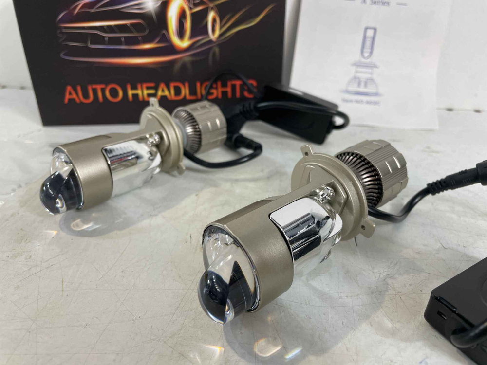 Светодиодные (H4, белый, премиум) лампы Lenses AHL H4 6000lm 30W, линзы (A80K, золотые) 0.6 кг 20х14х6