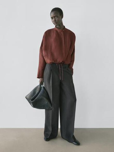 Massimo Dutti Брюки из струящегося льна, черный