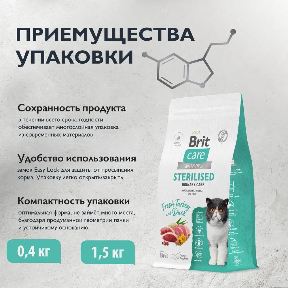 Корм для кошек сухой BRIT CARE "Cat Sterilised Urinary Care", для взрослых стерилизованных кошек, с индейкой и уткой, 1,5 кг