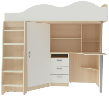 Кровать-чердак КарИВи Пионер с деревянной лестницей  Дуб Молочный Белый