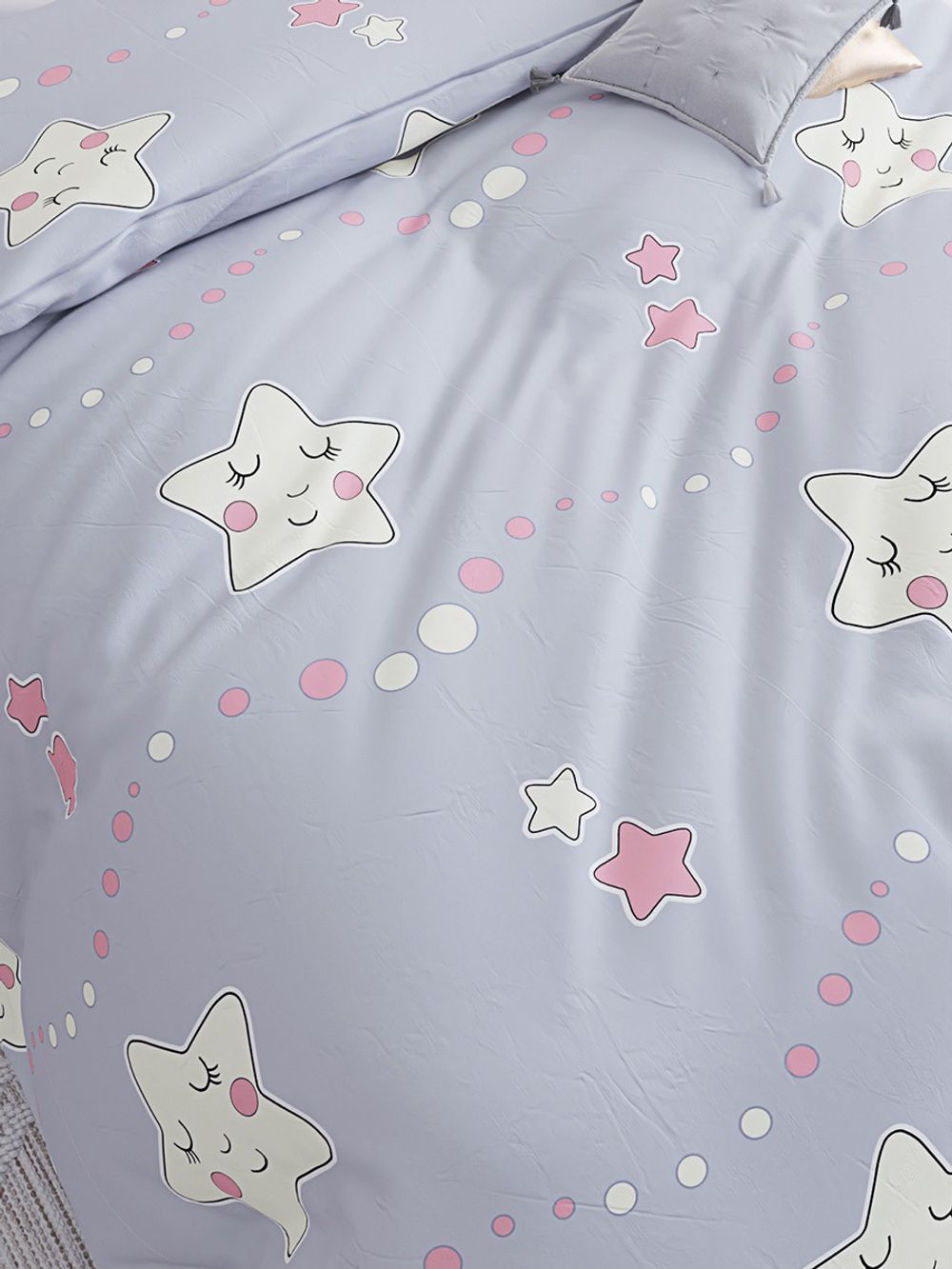 Постельное белье Сказка "Спящие звезды (серо-голубые)" 2-спальный Наволочка 50х70 см 2 шт Простынь на резинке 160х200 см Пододеяльник 175х215 см, перкаль