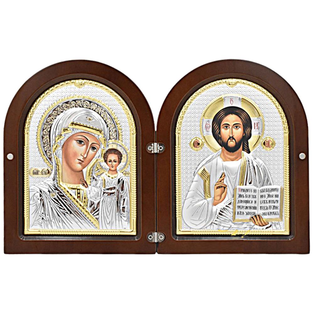 Казанская икона и Иисус Христос Спаситель. Венчальная пара в серебряном окладе в складне.
