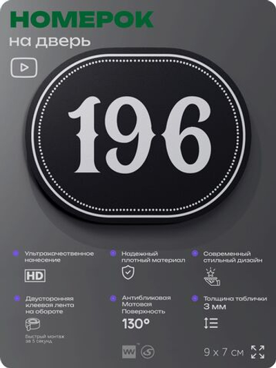 Номерок на дверь квартиры 196, для кабинета, офиса, шильдик 9 х 7 см, черный, Айдентика Технолоджи