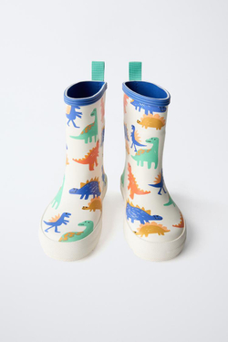 ZARA РЕЗИНОВЫЕ САПОГИ С ДИНОЗАВРАМИ, БЕЛЫЙ