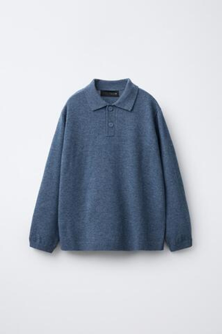 ZARA ПОЛО С ДЛИННЫМИ РУКАВАМИ С ВОРОТНИКОМ НА ПУГОВИЦАХ, ГОЛУБОВАТЫЙ