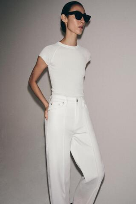 ZARA ТОП В РУБЧИК С КОРОТКИМ РУКАВОМ, БЕЛЫЙ