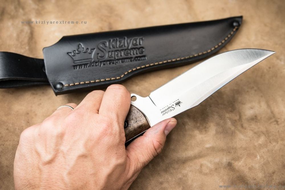 Нож Kizlyar Supreme CASPIAN AUS-8 SW WH LS (StoneWash, Walnut Handle, Leather Sheath)