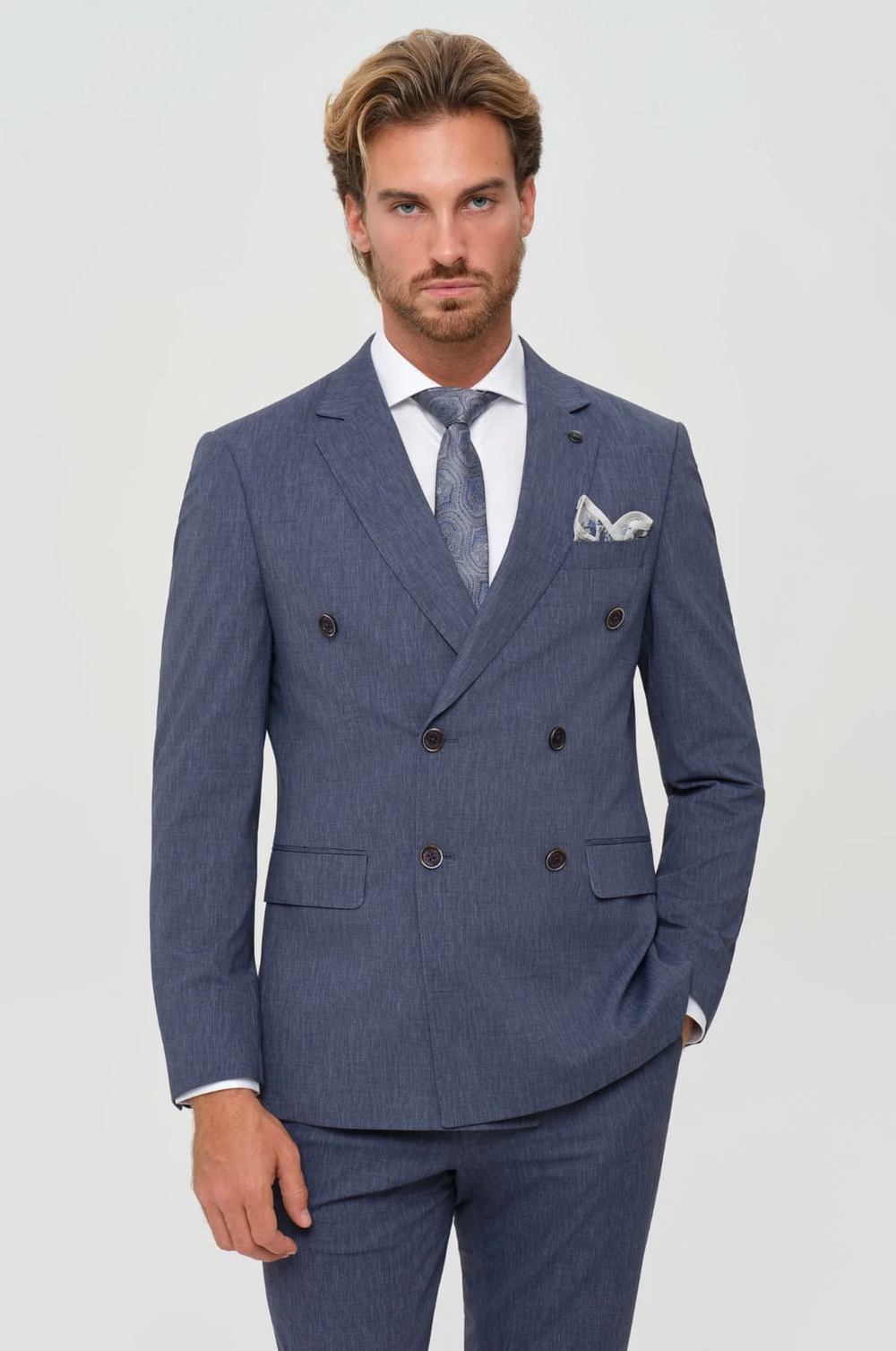 Мужской двубортный костюм (синий) Б67