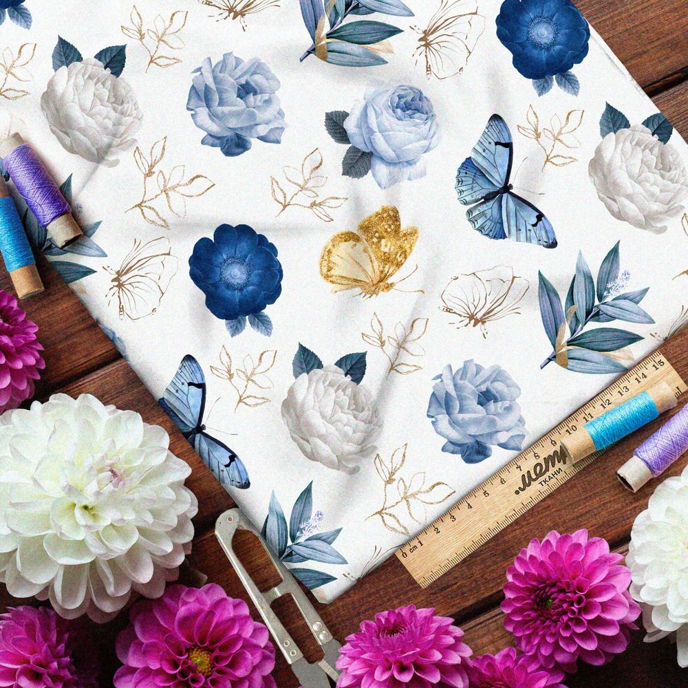 Ткань сатин голубые и золотые бабочки и розы