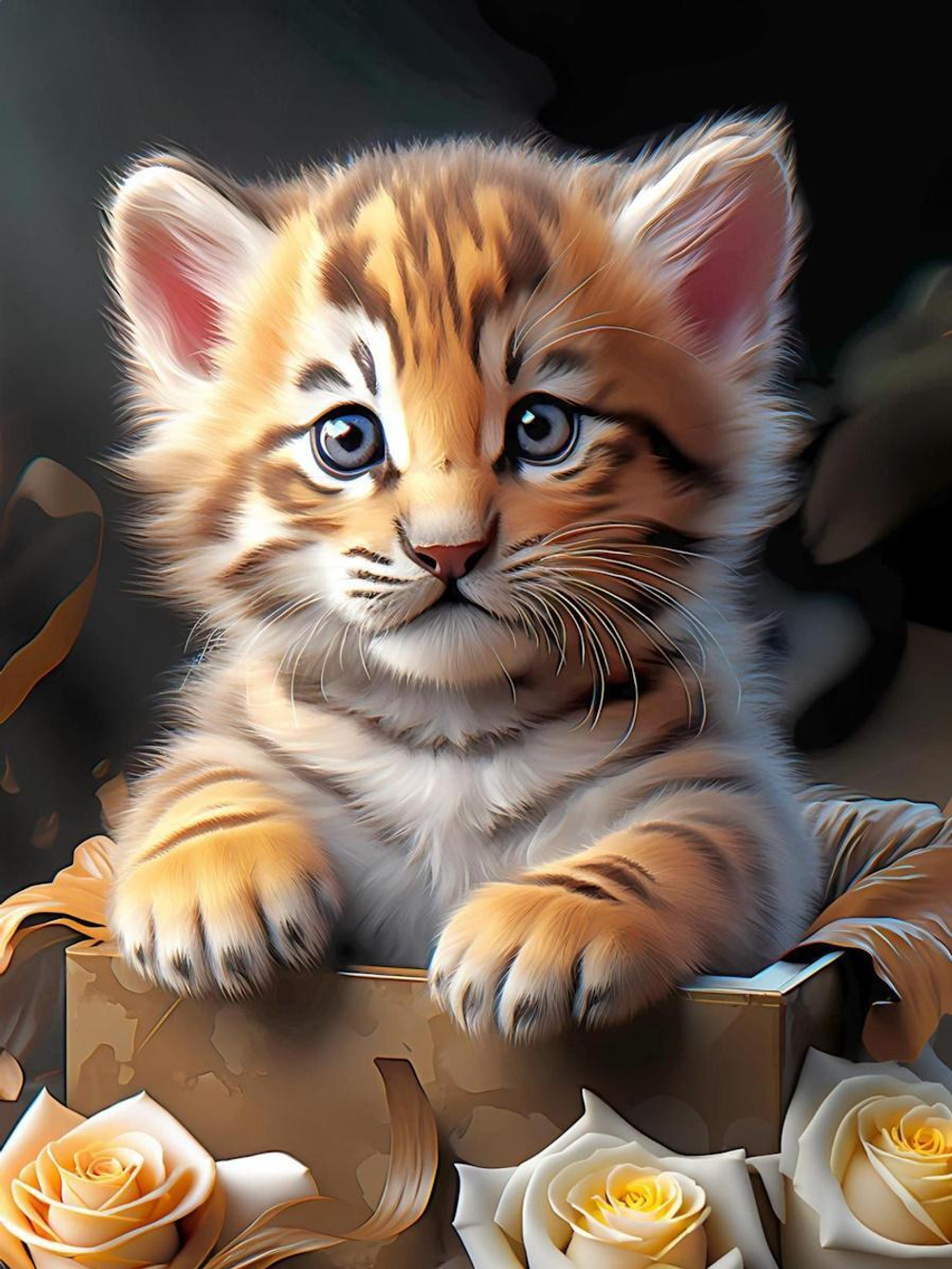 Алмазная мозаика 30х40см. "Тигрёнок в коробке" с полн.заполнен.без подрам.(30цв) (Арт.НД-6355)