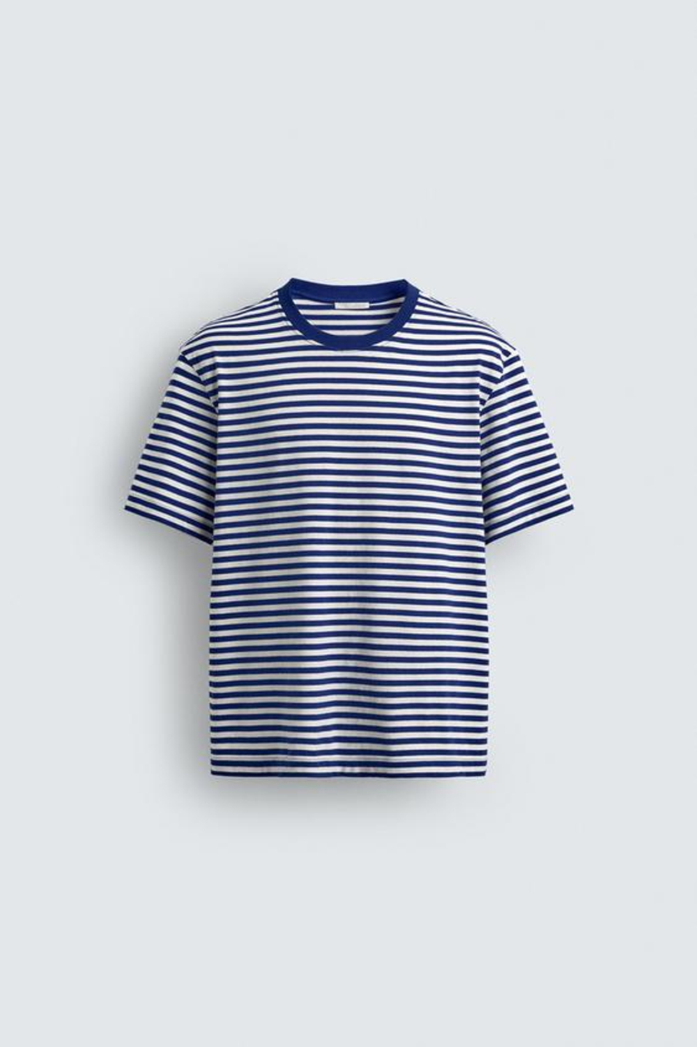 ZARA ФУТБОЛКА REGULAR FIT ЖАККАРД В ПОЛОСКУ, БЕЛЫЙ/СИНИЙ