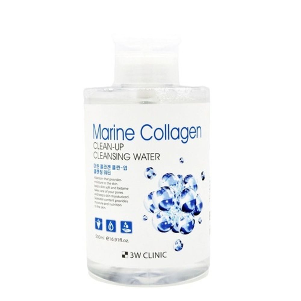 3W Clinic Вода очищающая с морским коллагеном - Marine Collagen clean-up cleansing water, 500мл