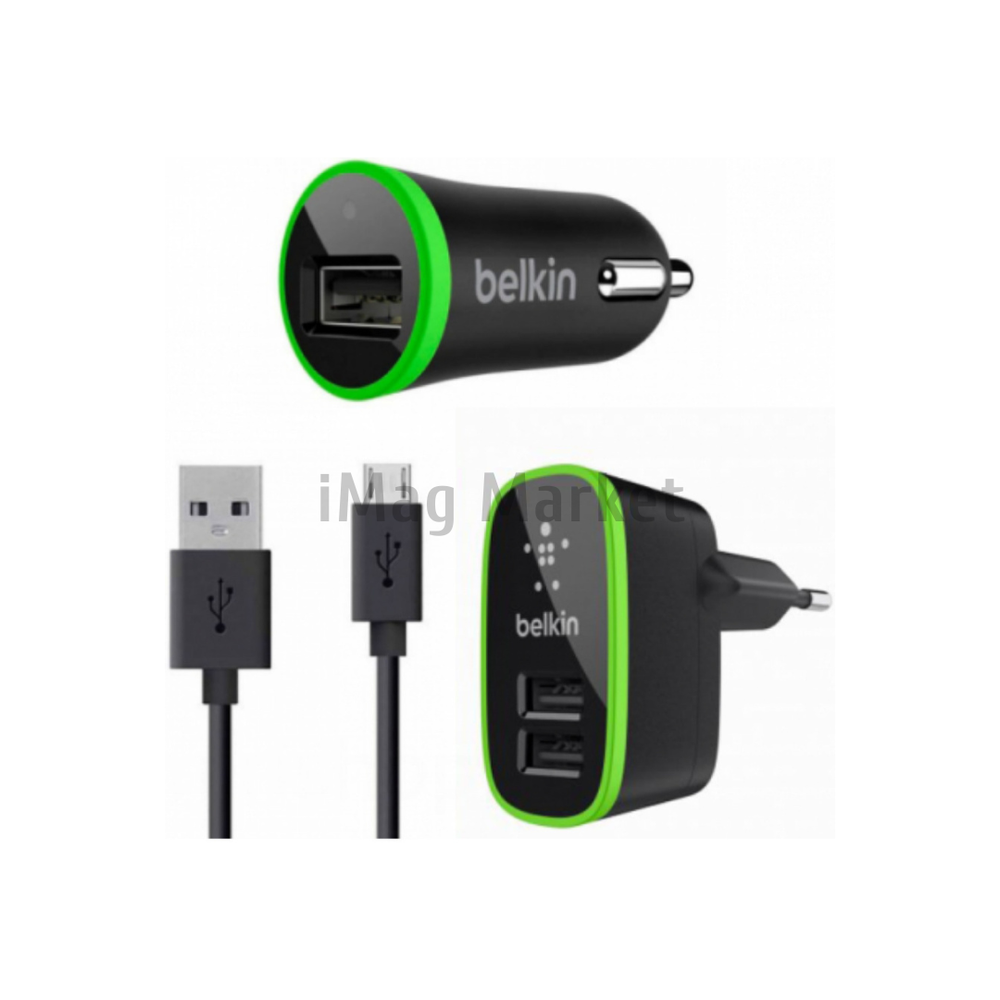 Автомобильное зарядное устройство Belkin, 1 USB-A, 10W, 2.1A + сетевое зарядное устройство, 2 USB-A, 10W, 2.1A + кабель micro-USB, 1.2 м, черный (no original)