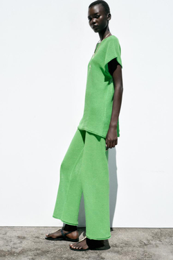 ZARA ТРИКОТАЖНЫЙ ТОП С ШИРОКИМИ РУКАВАМИ, ЗЕЛЕНЫЙ