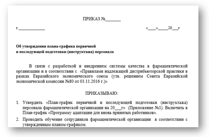 Приказ Об утверждении плана-графика первичной  и последующей подготовки (инструктажа) персонала