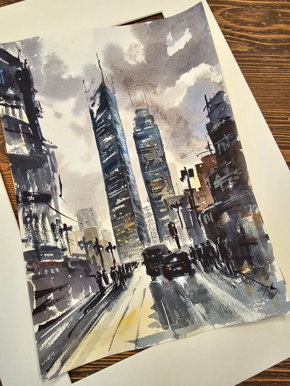 Картина авторская акварельная в паспарту 30х40 см на стену для интерьера "Урбанистический пейзаж"