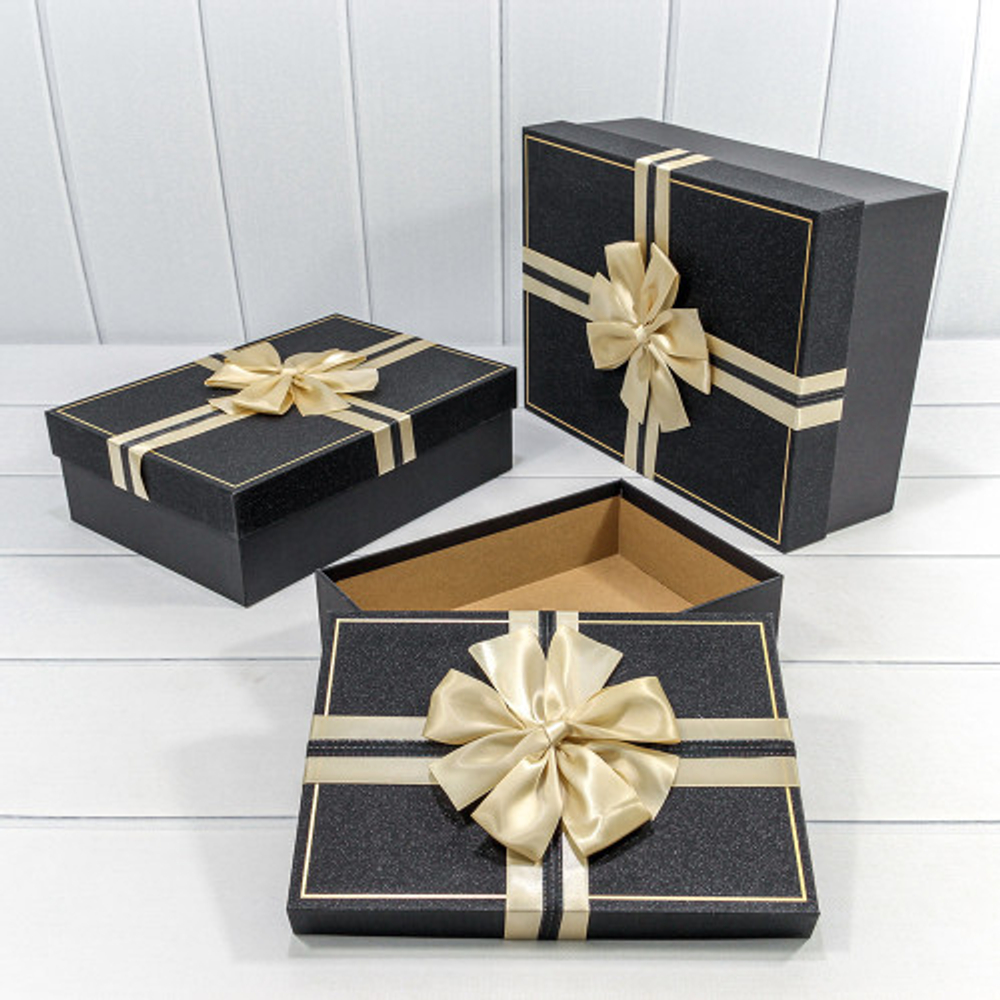 Коробка 33.5х25х11.5 см Набор 3 шт "Блеск" с бантом (Черный)