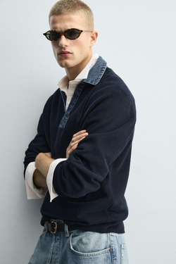 ZARA ТРИКОТАЖНОЕ ПОЛО С КОМБИНИРОВАННЫМ ДЖИНСОВЫМ ВОРОТНИКОМ, МОРСКОЙ СИНИЙ