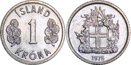 Исландия 1 крона, 1976-1980 Герб XF