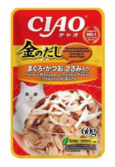 INABA КИННОДАСИ пауч 60г в желе тун.магуро и кацуо с кур.филе,д/кошек(уп.12*4=48шт)RU203