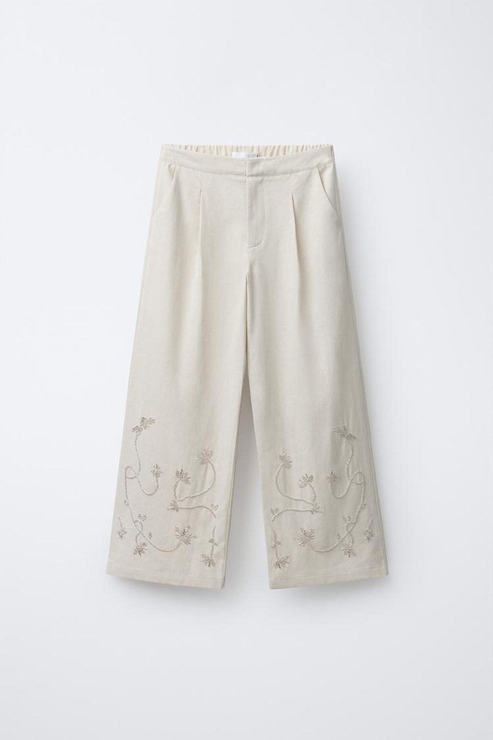 ZARA ШИРОКИЕ БРЮКИ С ВЫШИВКОЙ БИСЕРОМ, СВЕТЛО-БЕЖЕВЫЙ