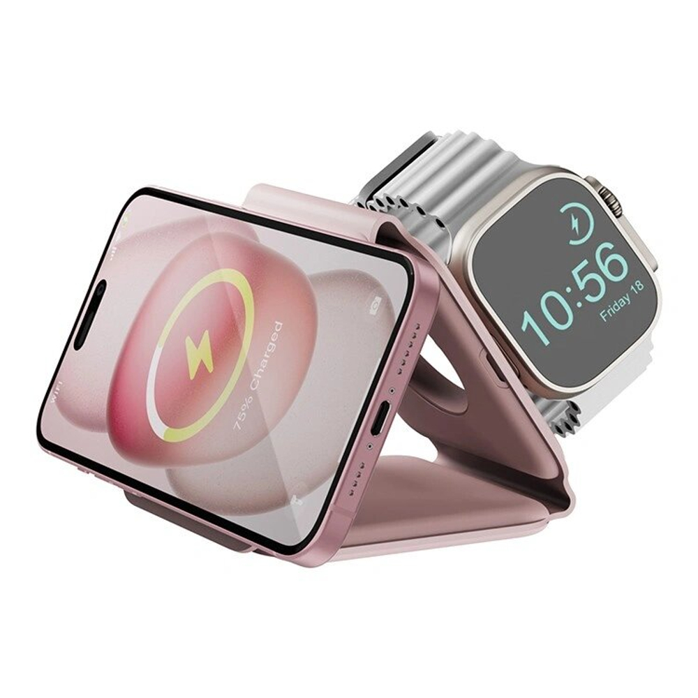 Беспроводное зарядное устройство EnergEA Bazic GoMag Trio PLUS magnetic wireless foldable 15W, Pink (GM-TRIOPLUS-PNK)