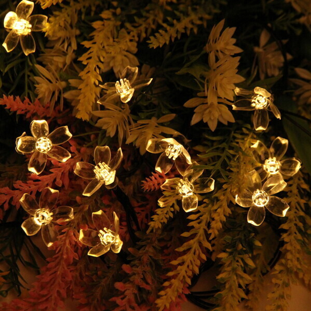 Гирлянда для улицы «Цветок» 7 м 50 ламп LED чёрный провод, 2 реж.,IP-55, Теплый белый (солнечная батарея).