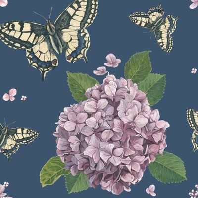 Цветы гортензии и бабочки