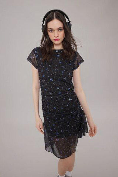 Облегающее эластичное трикотажное платье TWOSS25EL00467 из тюля с черным цветочным принтом /драпировкой и мини-принтом