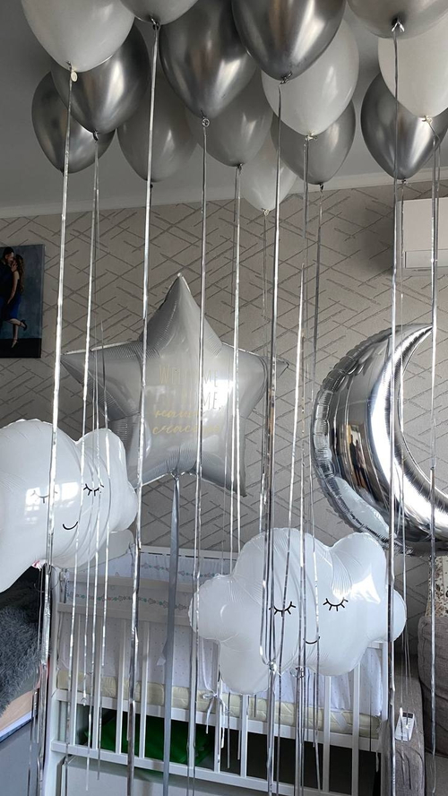 15 шаров с дождиком под потолок, месяц серебро , 2 облака, большая звезда с надписью