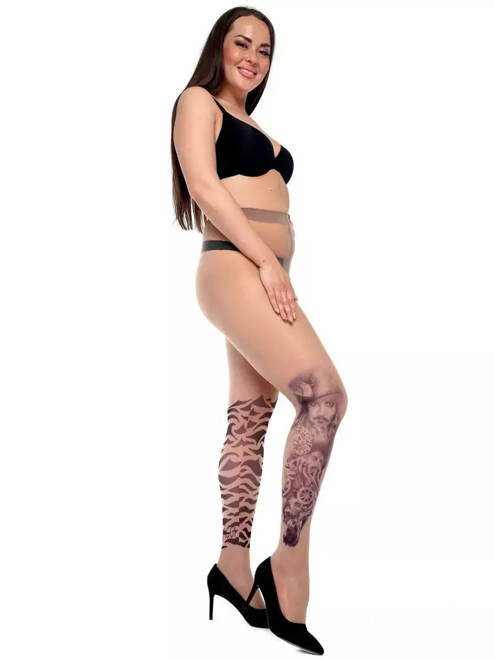 Колготки +size с принтом в виде героев фильма о пиратах (Размер: XL-XXL-XXXL) (Цвет: бежевый)