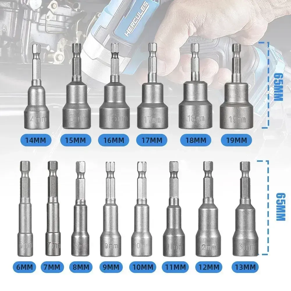 Магнитные биты с торцевыми головками 6-19 мм, набор из 14 штук / Магнитный набор бит для шуруповерта
