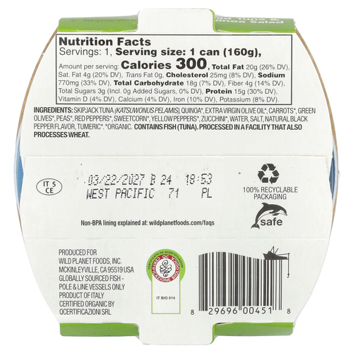 Wild Planet, Салат из дикого тунца и киноа, 160 г (5,6 унции)